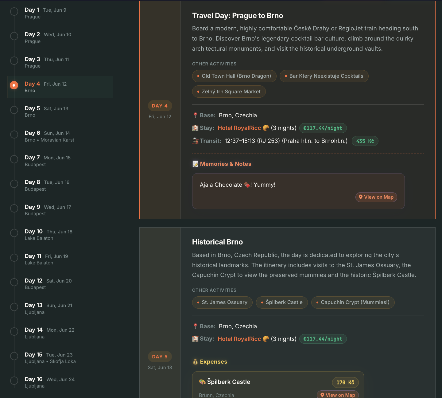 Adventures Detailed Itinerary Screen